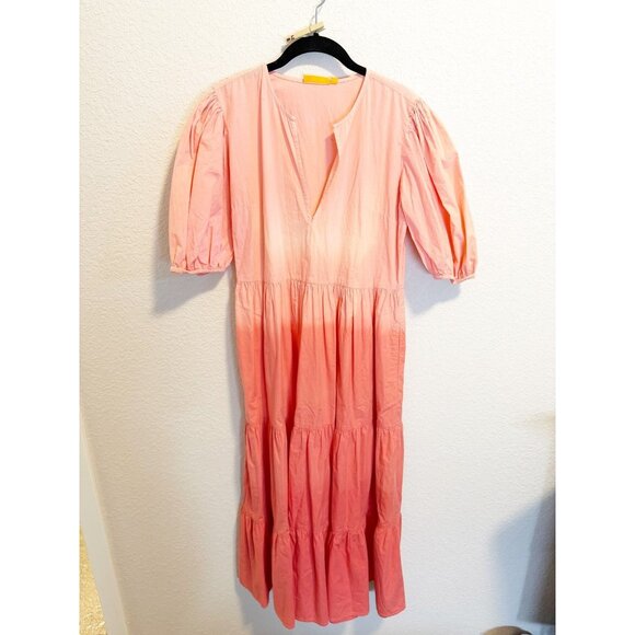 Oliphant Womens Ombre Tiered Maxi Dress Puff Sleeve Split Neck Pink Coral Small - Picture 1 of 6